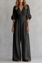 Women's Wide-Leg Jumpsuit with Draped Waist and V-Neck - 9