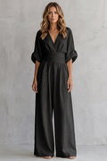 Women's Wide-Leg Jumpsuit with Draped Waist and V-Neck - Black