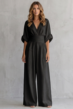 Women's Wide-Leg Jumpsuit with Draped Waist and V-Neck - Black