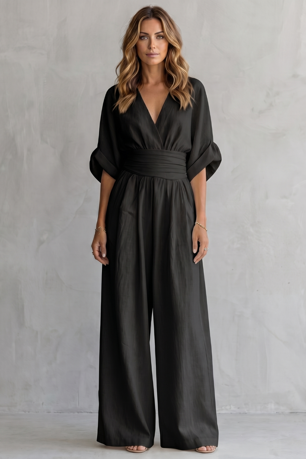 Women's Wide-Leg Jumpsuit with Draped Waist and V-Neck - Black