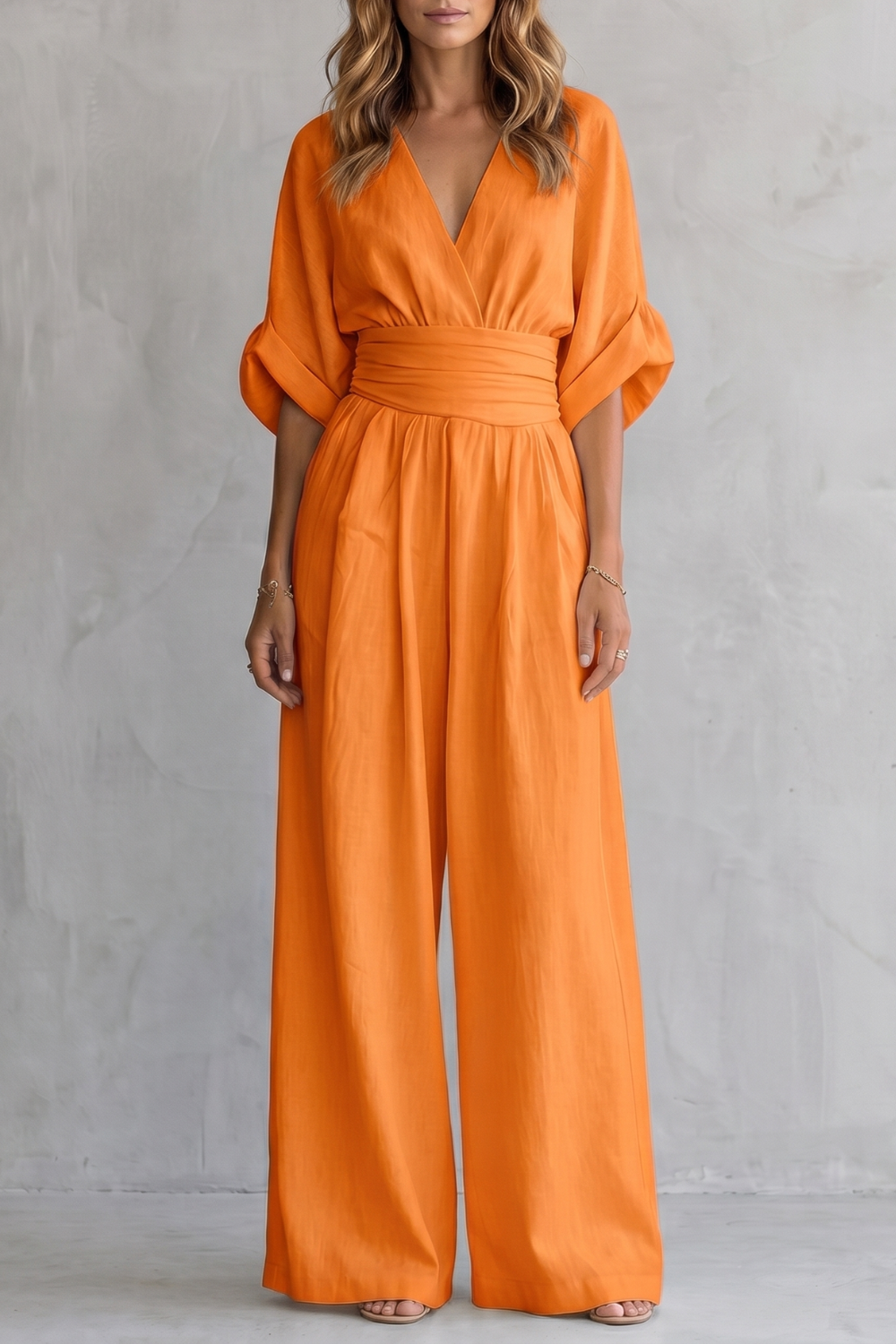 Women's Wide-Leg Jumpsuit with Draped Waist and V-Neck - 11