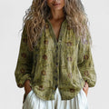 Women's Blouse with Leaf Print and V-Neck Long Sleeves - Green