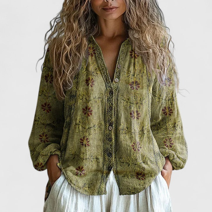 Women's Blouse with Leaf Print and V-Neck Long Sleeves - Green