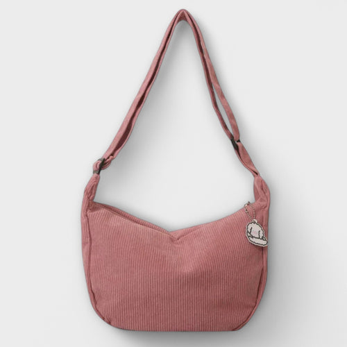 Women's Shoulder Bag with Ribbed Texture and Curved Silhouette - Pink