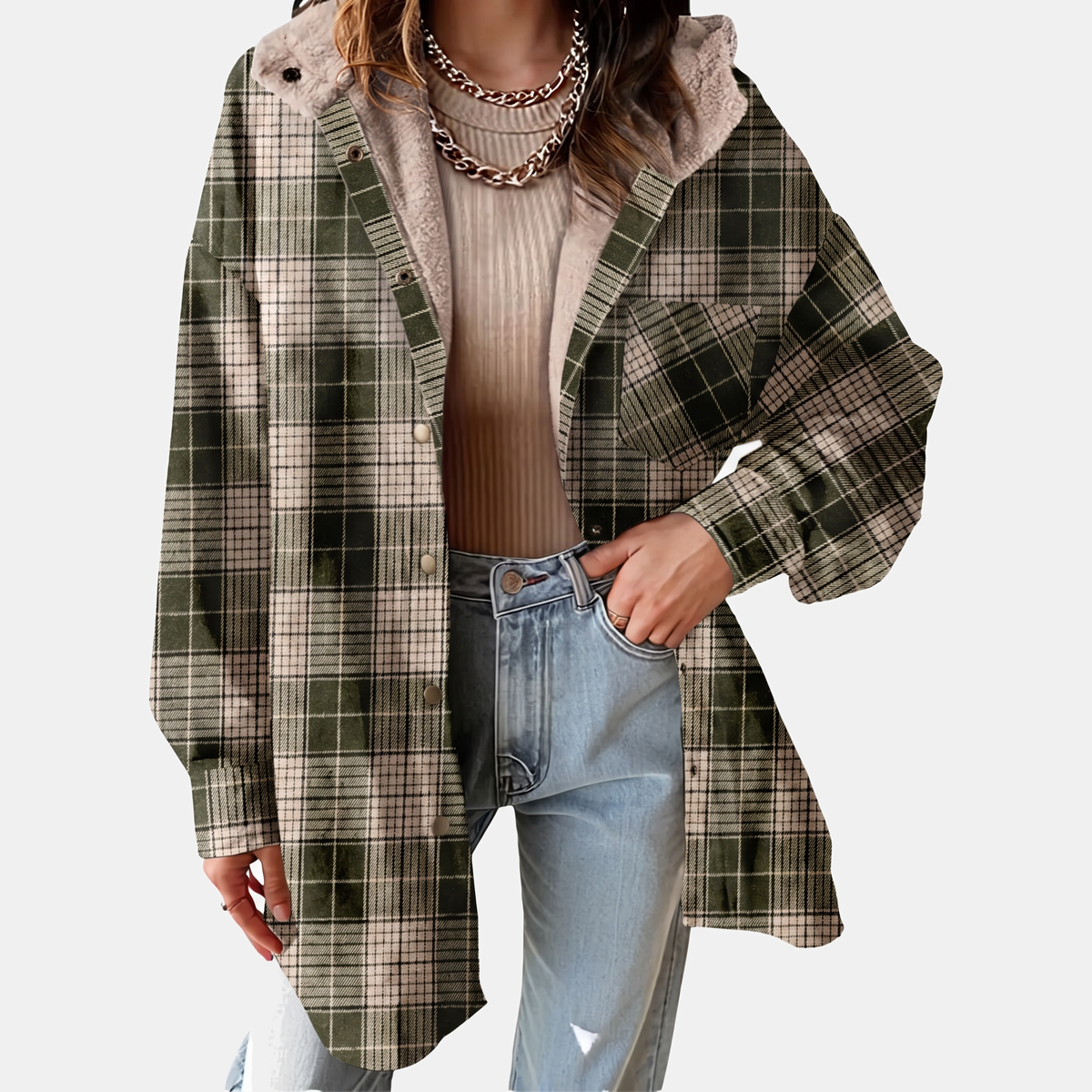 Women's Flannel Hooded Check Shacket Fleece Lined Coat - Vineyard Green