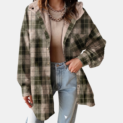 Women's Flannel Hooded Check Shacket Fleece Lined Coat - Vineyard Green
