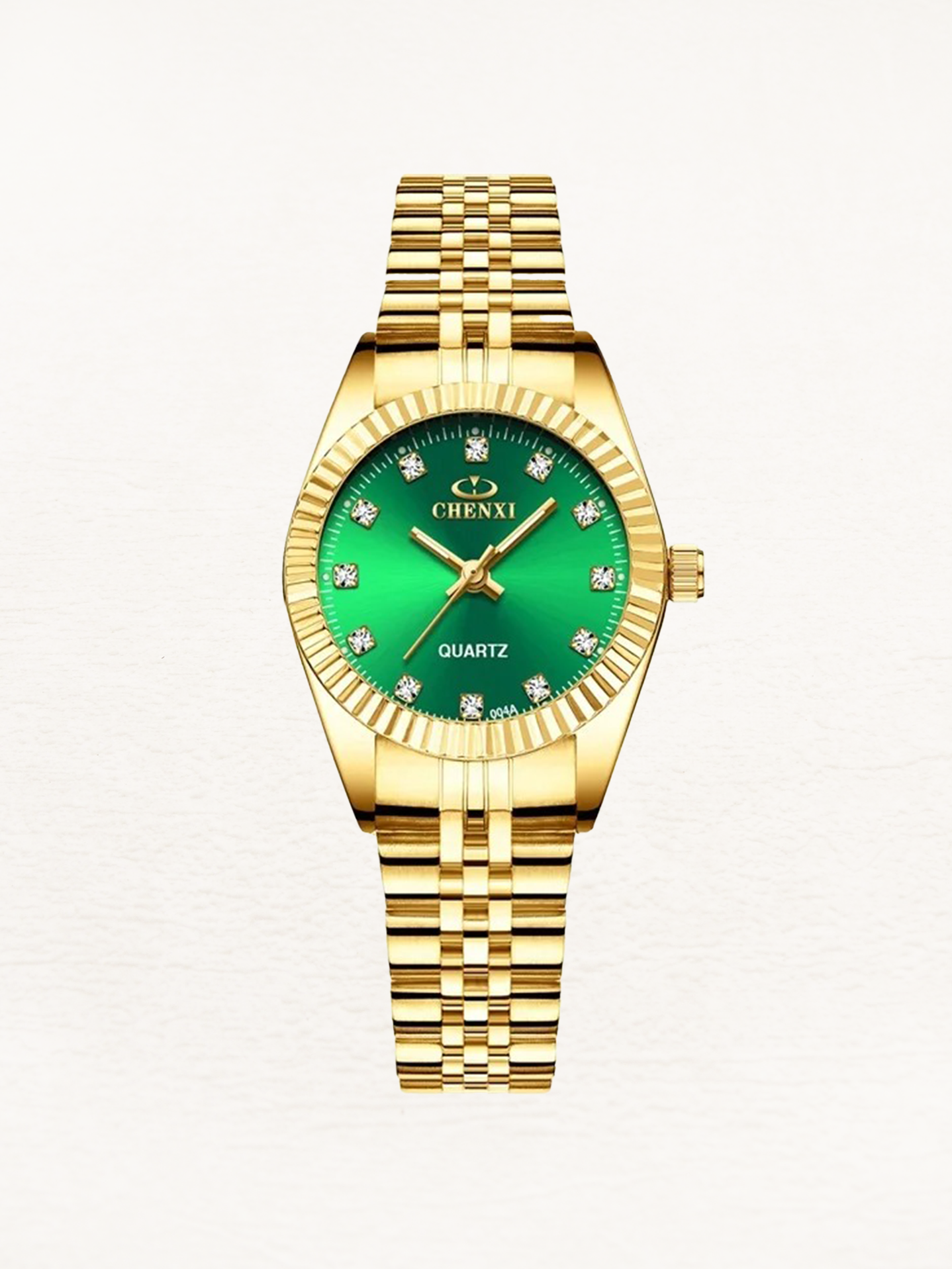 Women's Mini Watch with Zirconia Dial and Steel Strap - Gold/Green Dial