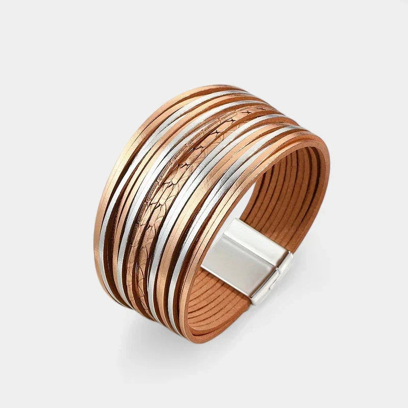 Women's Wide Cuff Bracelet with Multi-Layer Wrap Design - Gold & Silver