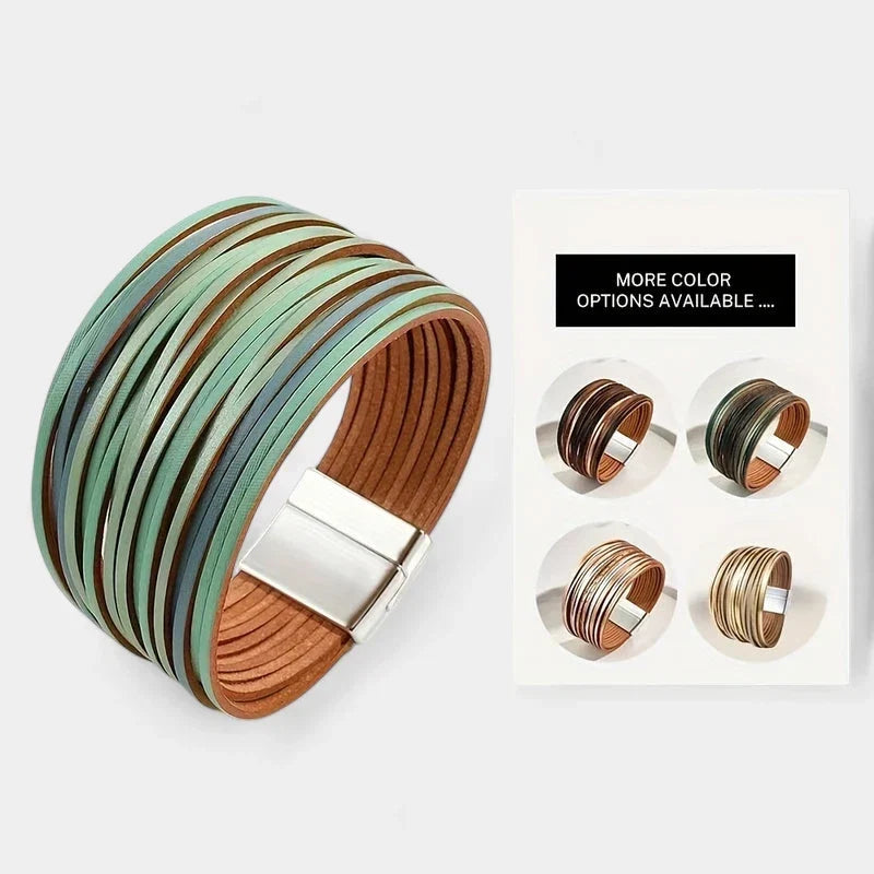 Women's Wide Cuff Bracelet with Multi-Layer Wrap Design - Green Gradient