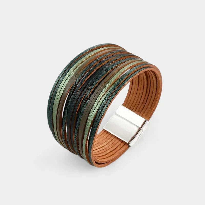 Women's Wide Cuff Bracelet with Multi-Layer Wrap Design - Green