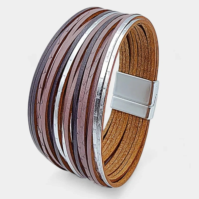 Women's Wide Cuff Bracelet with Multi-Layer Wrap Design - Silver Brown