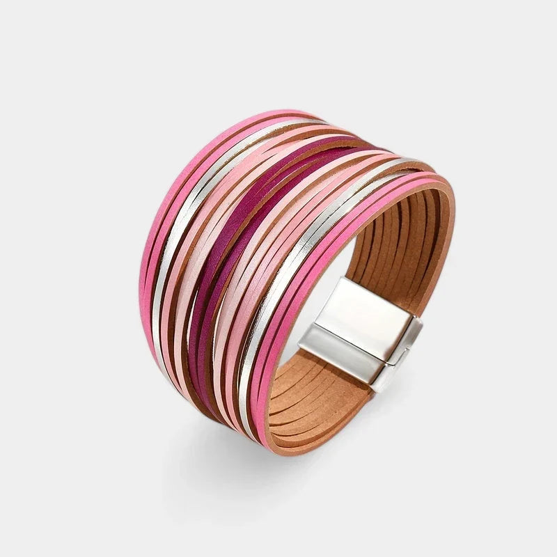 Women's Wide Cuff Bracelet with Multi-Layer Wrap Design - Pink & Silver