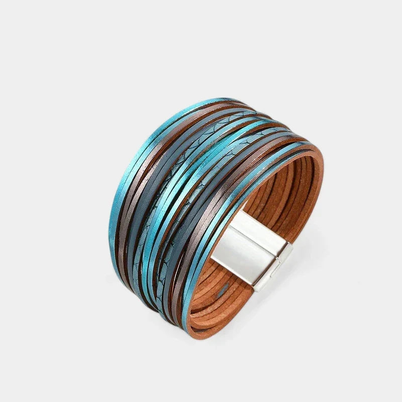 Women's Wide Cuff Bracelet with Multi-Layer Wrap Design - Blue Grey