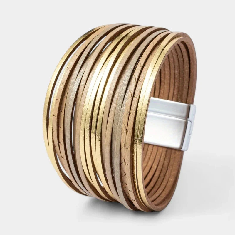 Women's Wide Cuff Bracelet with Multi-Layer Wrap Design - Khaki