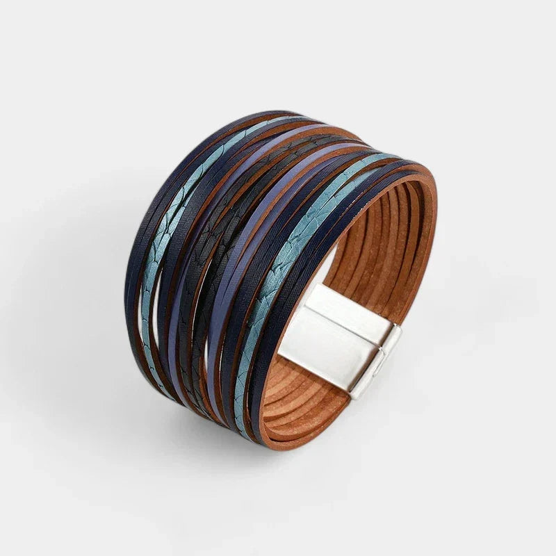 Women's Wide Cuff Bracelet with Multi-Layer Wrap Design - Blue & Black
