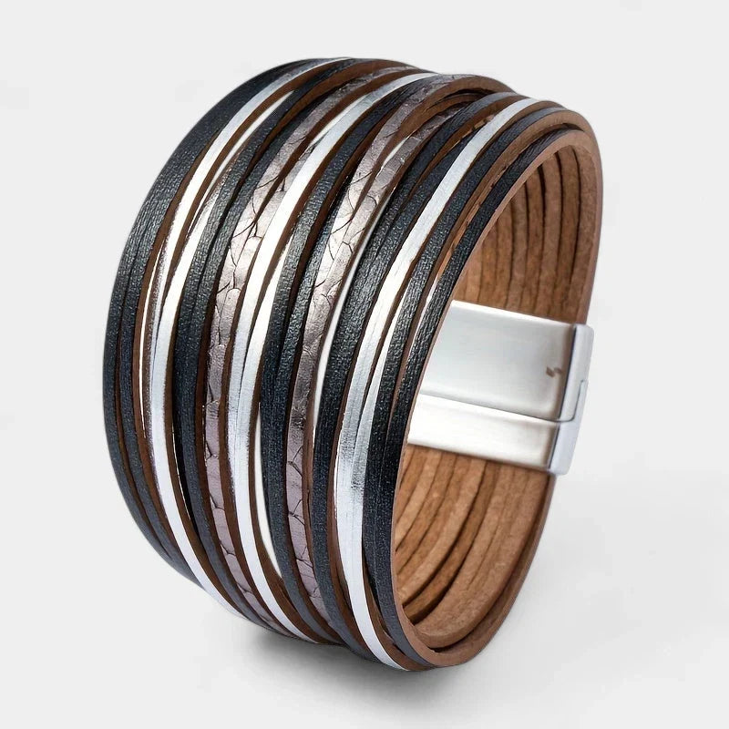 Women's Wide Cuff Bracelet with Multi-Layer Wrap Design - Black Silver