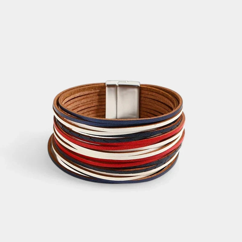 Women's Wide Cuff Bracelet with Multi-Layer Wrap Design - Red & White