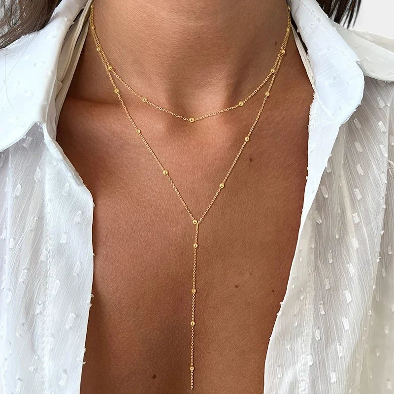 Women's Layered Y-Shape Lariat Necklace with Bead Accents - Gold