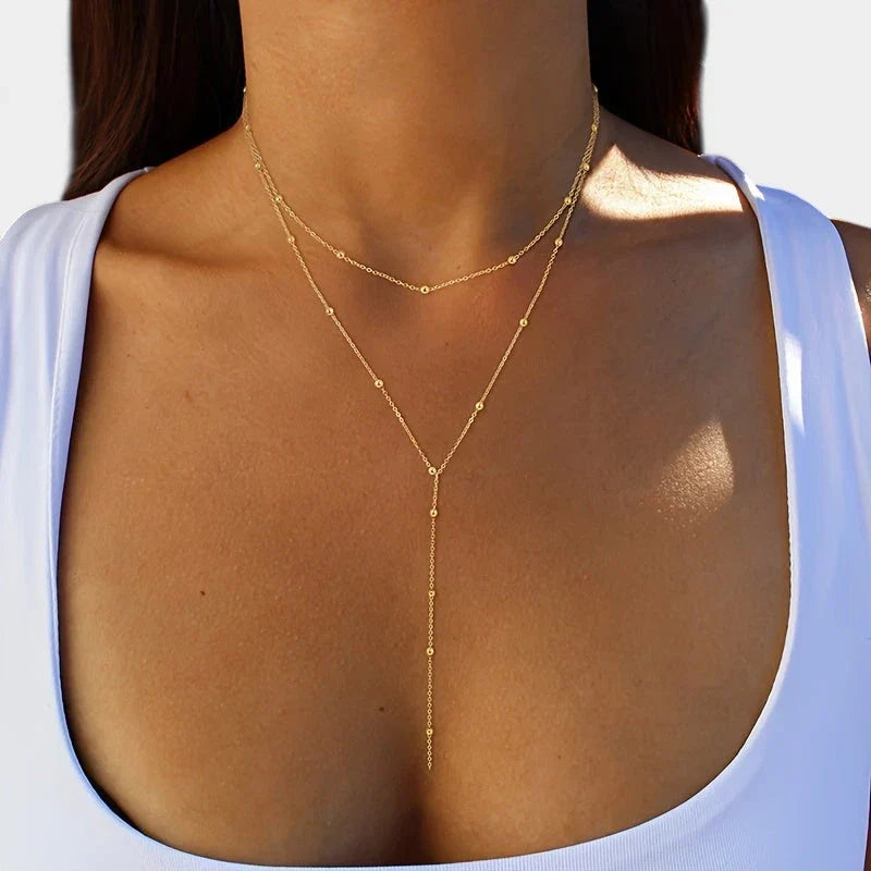 Women's Layered Y-Shape Lariat Necklace with Bead Accents - 6
