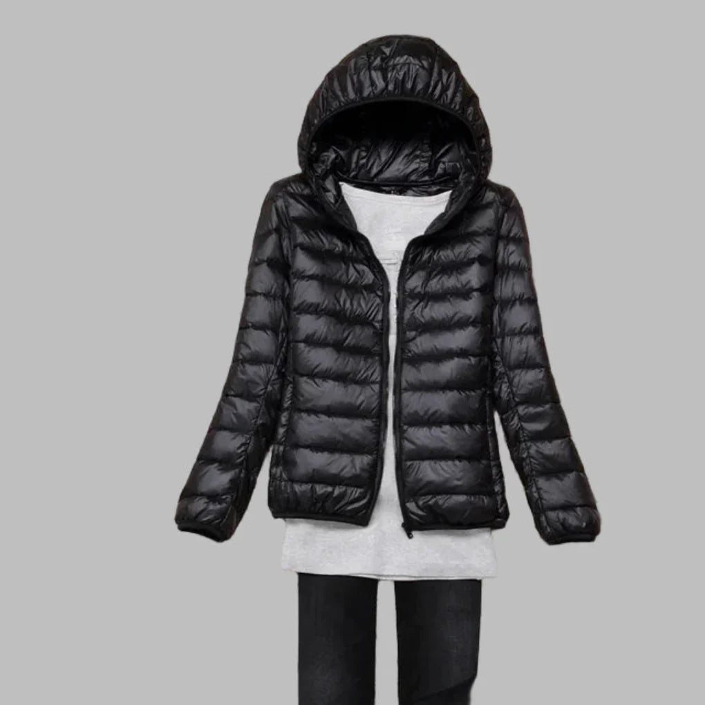 Women's Lightweight Packable Hooded Puffer Jacket - Black