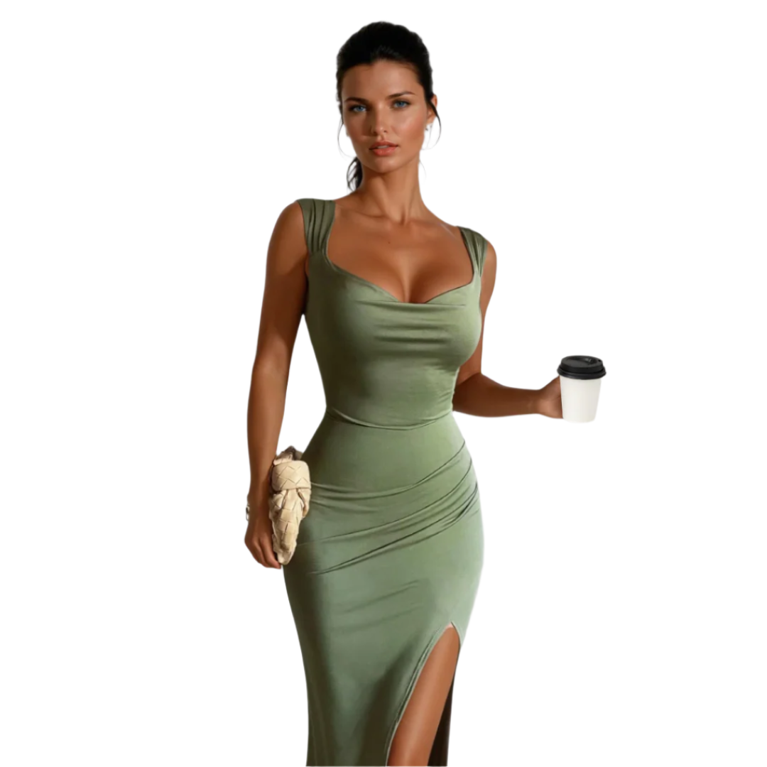Women's Fit and Flare Midi Dress with Sweetheart Neckline - Green