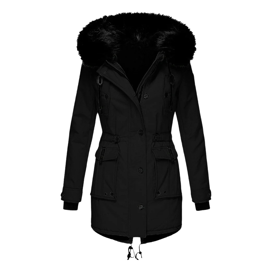 Women's Long Padded Winter Coat with Hood - Black