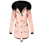 Women's Long Padded Winter Coat with Hood - Pink