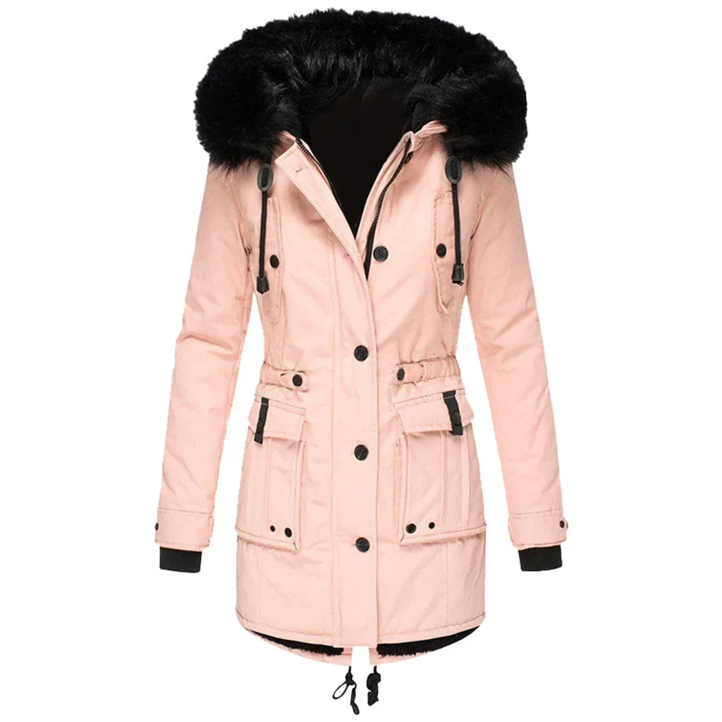 Women's Long Padded Winter Coat with Hood - Pink