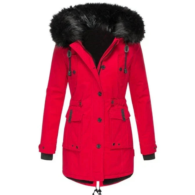 Women's Long Padded Winter Coat with Hood - Red