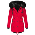 Women's Long Padded Winter Coat with Hood - Red