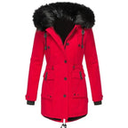 Women's Long Padded Winter Coat with Hood - Red