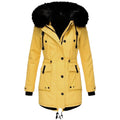 Women's Long Padded Winter Coat with Hood - Yellow