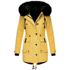 Women's Long Padded Winter Coat with Hood - Yellow