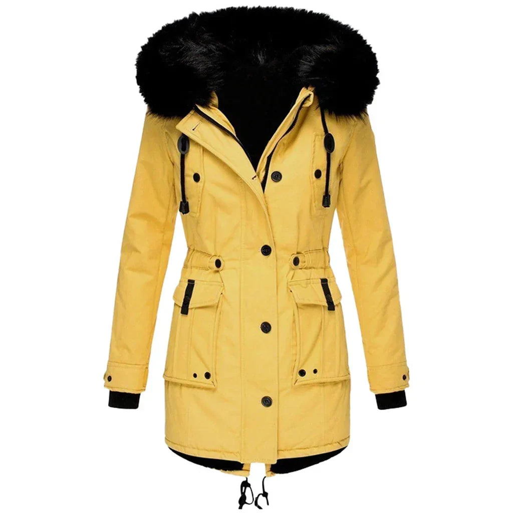 Women's Long Padded Winter Coat with Hood - Yellow
