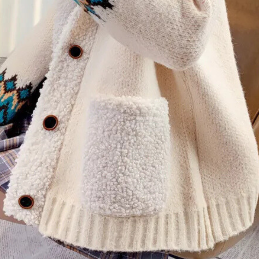 Women's Cardigan Buttoned with Fleece Collar and Patterned Sleeves - 3