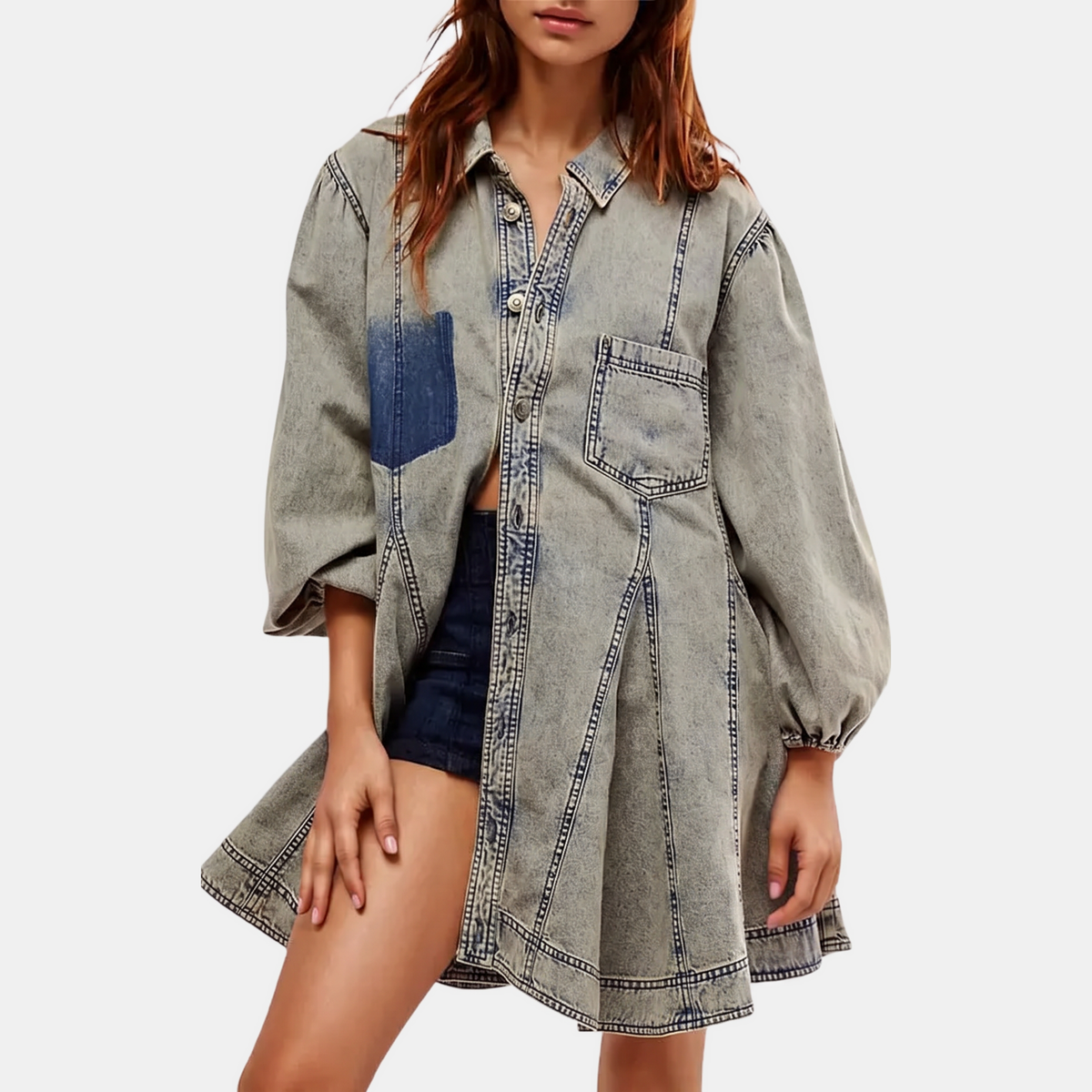Women's Balloon Sleeve Button Front Denim Mini Dress - Washed Blue