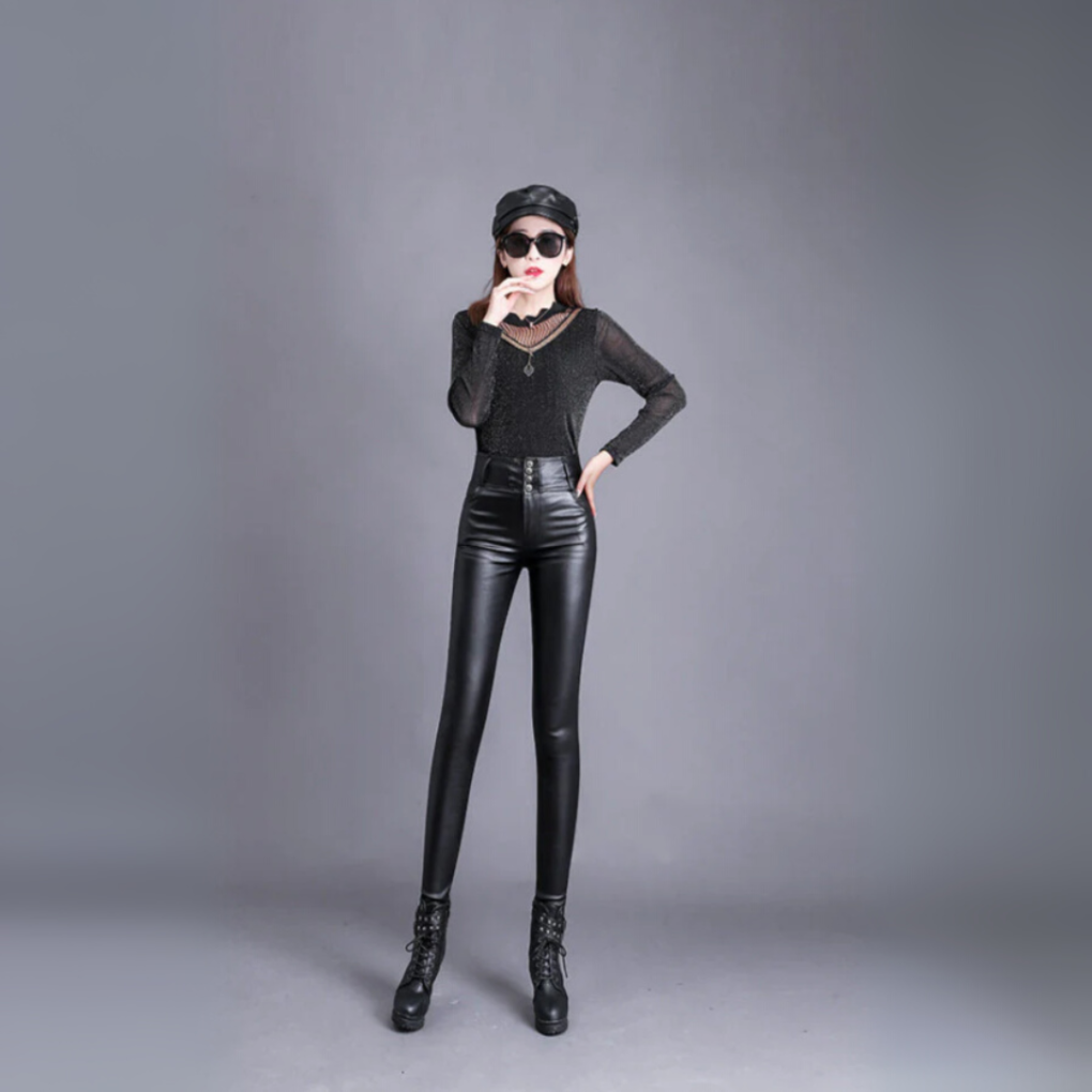 Women's High-Waist Faux Leather Trousers Straight Leg - Black