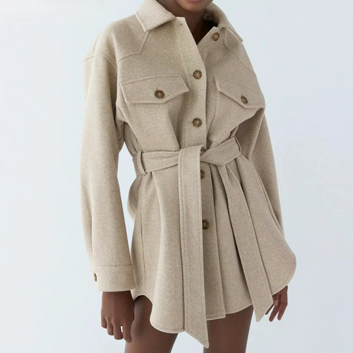 Women's Belted Shacket with Button Front and Chest Pockets - Beige