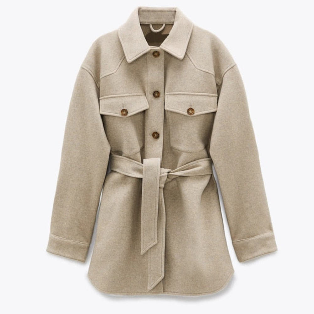 Women's Belted Shacket with Button Front and Chest Pockets - 2