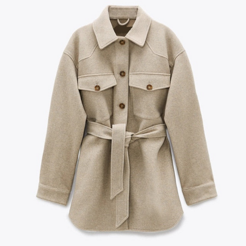Women's Belted Shacket with Button Front and Chest Pockets - 2