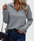 Women's Jumper Long Sleeve with Zip Collar and Ribbed Texture - Grey