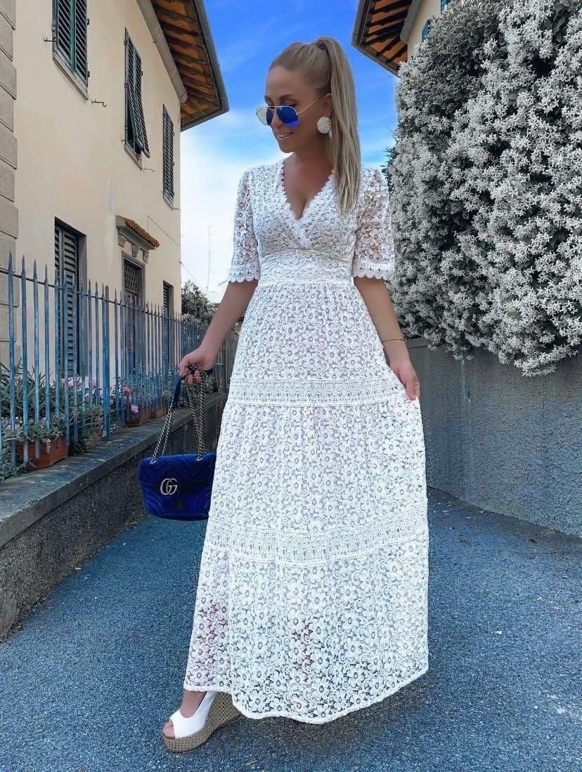 Women's Maxi Dress Lace V-Neck with Puff Sleeves and A-Line Skirt - White
