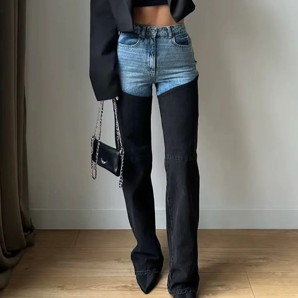Women's High-Waist Jeans with Two-Tone Patchwork and Slim Straight Leg - 2