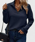 Women's Jumper Long Sleeve with Zip Collar and Ribbed Texture - Dark Blue