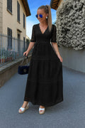 Women's Maxi Dress Lace V-Neck with Puff Sleeves and A-Line Skirt - Black