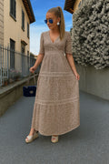Women's Maxi Dress Lace V-Neck with Puff Sleeves and A-Line Skirt - Khaki