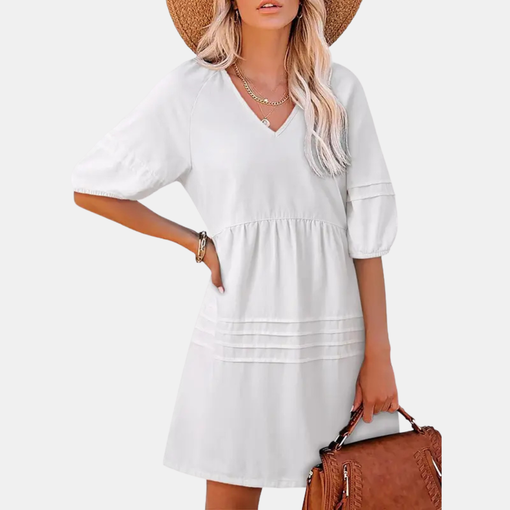 Women's Puff Sleeve Empire Waist V-Neck Mini Dress - White