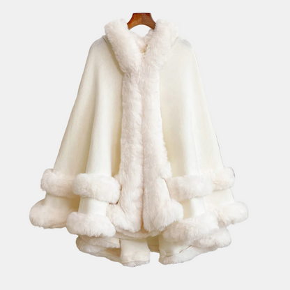 Women's Faux Fur Trim Hooded Knit Cape Coat - White