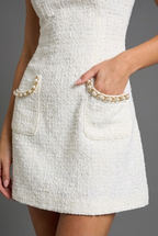 Women's Mini Dress Short Sleeve with Pearl Trim and Round Neck - 6