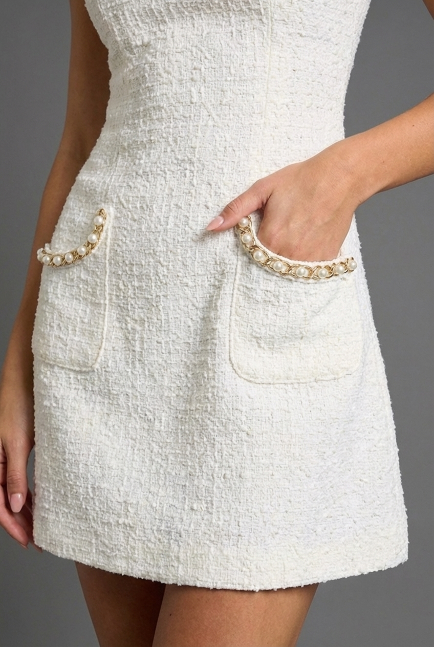 Women's Mini Dress Short Sleeve with Pearl Trim and Round Neck - 6